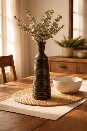 Vista 4 de AeraVida Jarrón de madera de mango en forma de botella de 14 pulgadas con rayas horizontales, jarrón alto de madera natural rústica para seda
