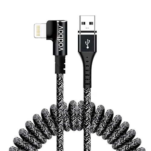 Vista 2 de Cable USB-A a Lightning en espiral de 90° (negro cebra) – trenzado, carga rápida, cable de carga de coche en ángulo recto, estiramiento de 2 a 8