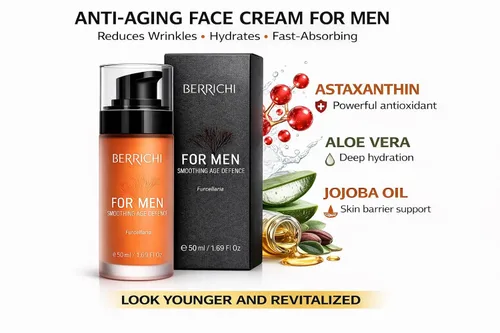 Vista 2 de Crema facial antienvejecimiento para hombre, de rápida absorción y orgánica, antiarrugas con potente antioxidante astaxantina y aceite de jojoba I