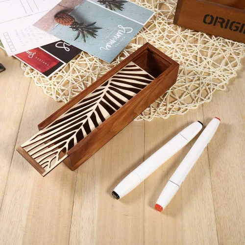 Vista 3 de Caja de madera sin acabar, caja de almacenamiento para lápices de madera, estuche vintage con funda extraíble, caja de madera con tapa
