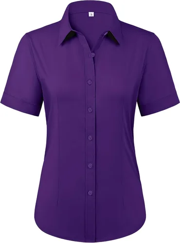 Vista 11 de Siliteelon - Camisas de vestir con protección contra manchas, sin arrugas, de manga corta, color liso, con botones, para mujer