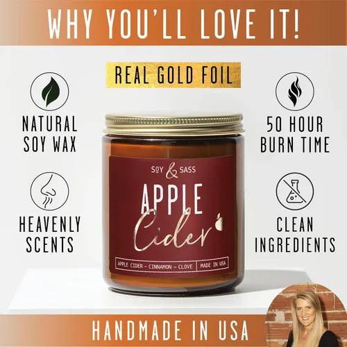 Vista 8 de Vela de sidra de manzana, velas de otoño I de sidra de manzana, canela y nuez moscada, infundida con aceites esenciales, vela perfumada de otoño
