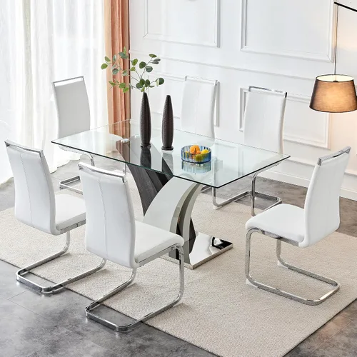 Vista 9 de NYEESS - Juego de mesa de comedor de cristal para 4, moderno juego de mesa de comedor de 63 pulgadas para 4