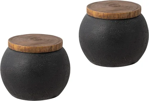 Vista 12 de COSIEST Mesa auxiliar para exteriores, mesa auxiliar de tambor, parte superior de madera sintética, base negra con tronco de árbol pintada a mano