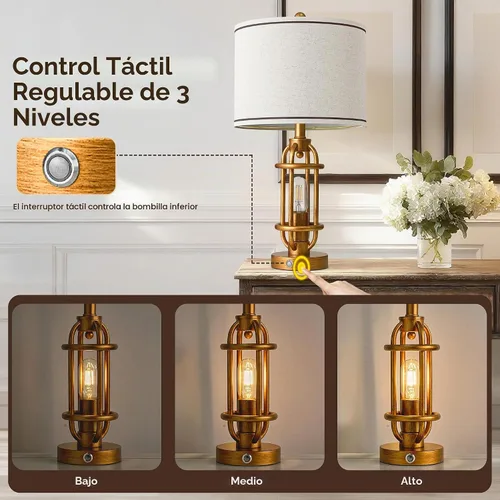 Vista 5 de G-SAFAVA Juego de 2 lámparas de mesa de 23.75 pulgadas para sala de estar, dormitorio, lámparas táctiles de metal industriales con puertos USB A+C
