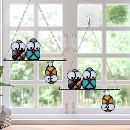 Vista 4 de Panel de Atrapasoles de Vidrio Vitral Multicolor con Búhos en un Alambre, Atrapasueños de Pájaros para Ventanas, Puertas, Habitación, Decoración