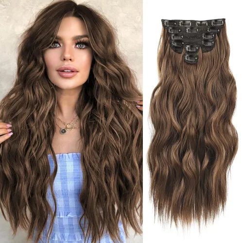 Vista 35 de NAYOO - Extensiones de cabello con clip, extensiones sintéticas onduladas de 20 pulgadas, 6 unidades Wavy Curly Hair, Full Head Coverage, Heat
