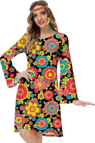 Vista 6 de Deerose Disfraz hippie de los años 70 para mujer, vestido retro Go Go Groovy