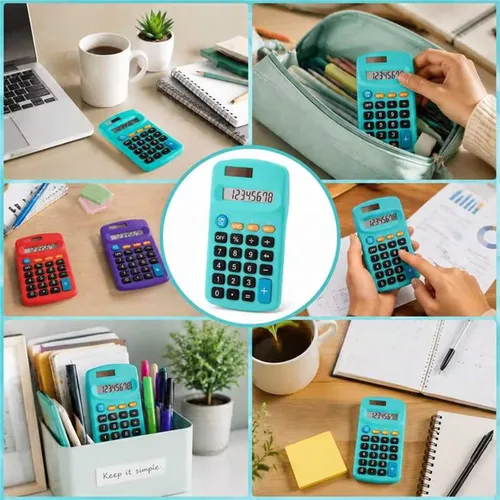 Vista 4 de Weewooday Calculadora básica pequeña de 6 piezas a granel con batería solar de 8 dígitos de doble potencia, mini calculadora de bolsillo de mano