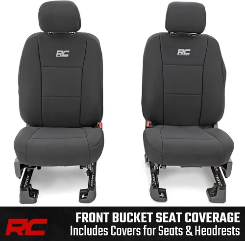 Vista 5 de Rough Country Fundas de asiento de neopreno para Ford F-150, Lightning, F-250 y F-350 con cabina doble (2015-2025) con asiento tipo cubo delantero