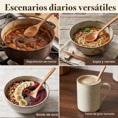 Vista 3 de HAKSEN Cucharas de madera, 6 cucharas de sopa de madera de 9 pulgadas para comer, mezclar, agitar, cuchara de mango largo para estilo japonés