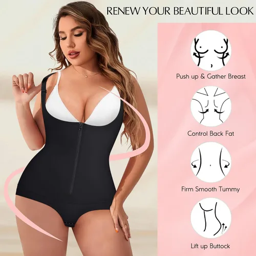 Vista 3 de MERYOSZ Fajas moldeadoras para mujer con control de abdomen, faja colombiana, faja moldeadora de cuerpo, cintura con cremallera, busto abierto, malla