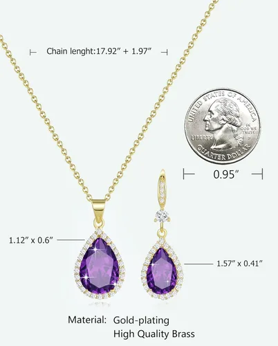 Vista 3 de Juego de joyas para mujer, collar con colgante de lágrima chapado en plataoro, aretes colgantes, juegos de piedras natales, diamantes de imitación
