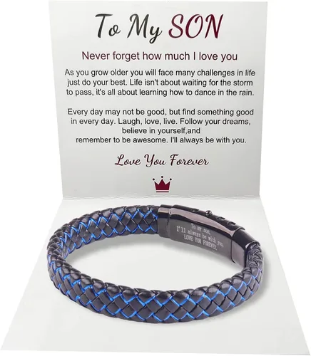 Vista 23 de Pulsera de cuero trenzado con texto en inglés «Love You Forever» para hombres y niños, pulsera inspiradora de acero inoxidable, pulsera de cuero