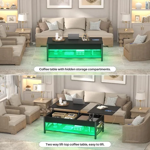 Vista 7 de Aheaplus Mesa de Centro Elevable Negra con Luz LED, Tomas de Corriente y Estante de Almacenamiento, 41.7"An x 19.69"L x 19.7"Al