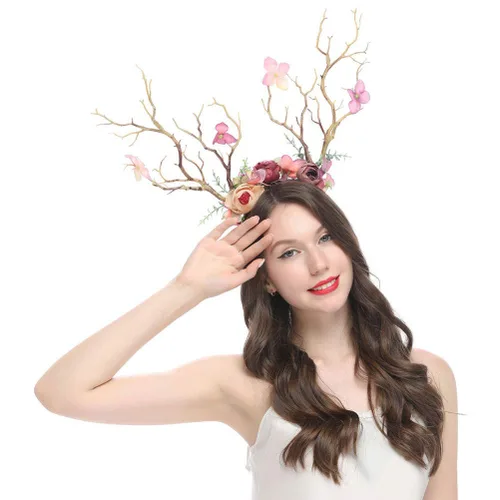 Vista 6 de Minkissy Diadema de cornamenta de ciervo, diadema de cuernos de reno de Navidad, diadema de ramas de árbol, tocado para el cabello, accesorios