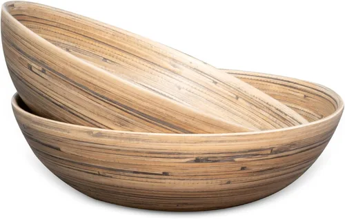 Vista 2 de LEXA Ensaladera de bambú hecha a mano de 12 pulgadas, cuenco de fruta grande de madera de 130 onzas para encimera de cocina, bambú negro, paquete