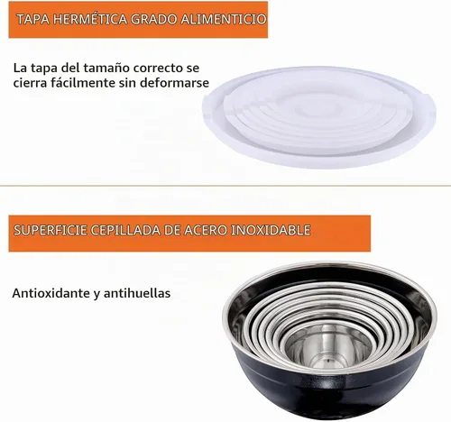 Vista 4 de Cuencos Negros para Mezclar con Tapas Herméticas, Cuenco de Acero Inoxidable, Cuencos para Ensalada de 7 Piezas, Cuencos Anidables Coloridos Negros