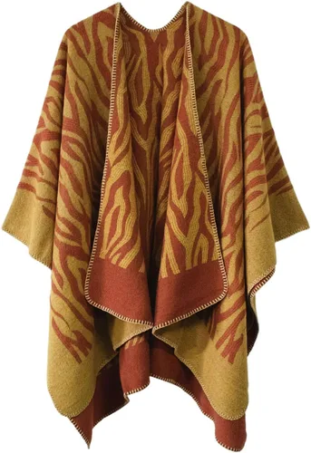 Vista 19 de Chal estilo poncho de frente abierta con patrón vintage para mujer, abrigo de invierno Serie 15-negro