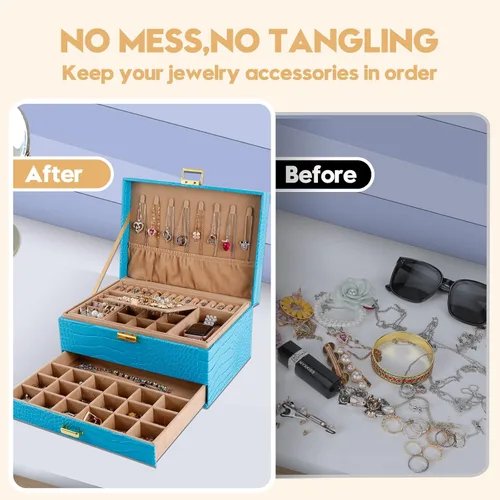 Vista 4 de Gifturbo Caja organizadora de joyas para mujeres y niñas, cajas de joyería de piel sintética azul, 3 capas de joyería, caja de regalo para pulseras