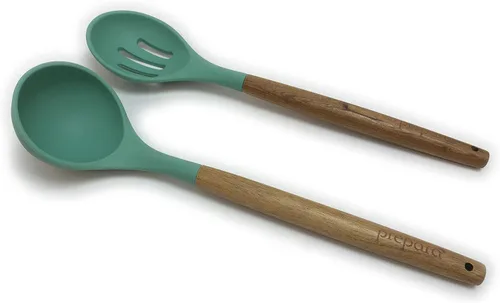 Vista 3 de Prepara Juego de 2 cucharones de sopa y cuchara ranurada de acacia y silicona, color verde espuma de mar