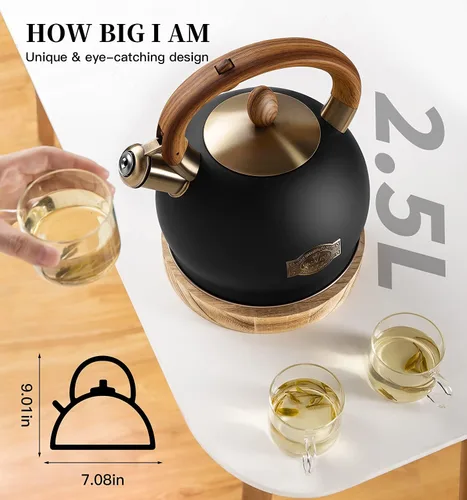 Vista 10 de Tetera y tetera de té, tetera de cocina de acero inoxidable de 2.64 cuartos de galón de grado alimenticio con silbato por inducción para estufa