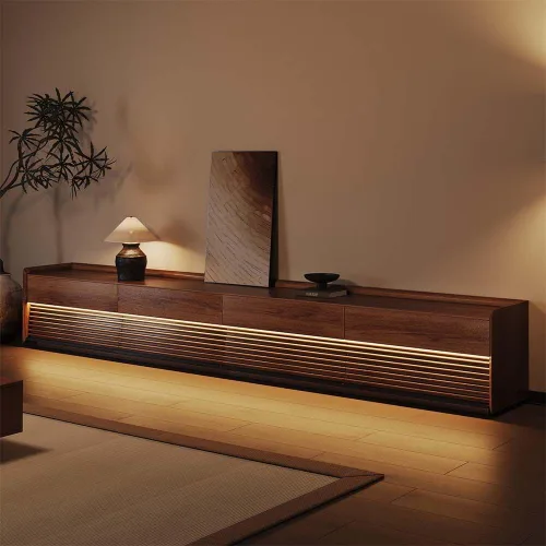Vista 18 de POVISON Soporte de TV moderno de mediados de siglo totalmente ensamblado con luces LED ajustables, consola multimedia de madera, centro