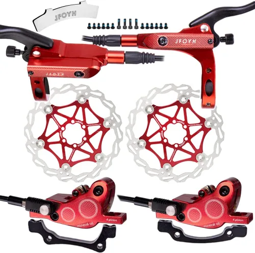 Vista 10 de JFOYH Juego de frenos hidráulicos MTB de 4 pistones con rotores de disco flotante de 6.299 in, kit de freno de disco hidráulico delantero y trasero