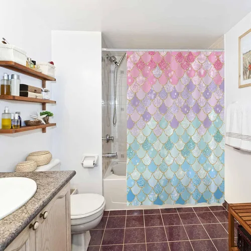 Vista 5 de Allenjoy Cortina de ducha con escamas de sirena de 72 x 72 pulgadas para baño, océano bajo el mar, decoración de baño rosa y azul, tela impermeable