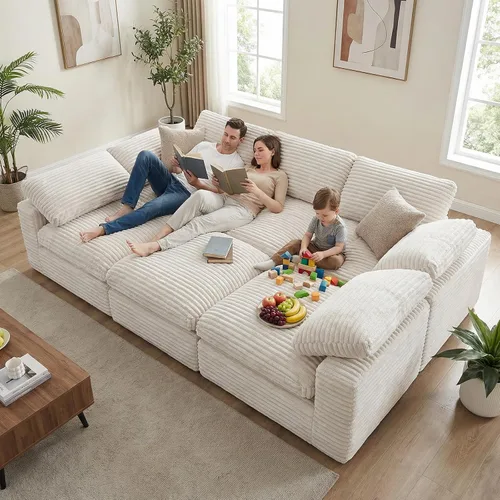 Vista 26 de KKL Sofá modular de 150 pulgadas, sofá modular en forma de U con otomana, sofá de pana sin hueso para sala de estar y dormitorio, sofá modular Negro
