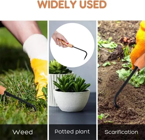Vista 7 de Escardadora, herramienta de deshierbe de jardín de metal con mango de madera, mini extractor de malezas cultivador para excavar bordes plantación