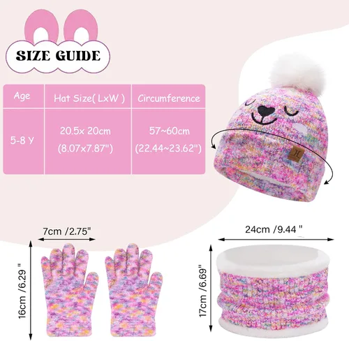 Vista 5 de Conjunto de gorro de invierno para niños y niñas de 0, 6, 12 meses, 1, 2, 3, 4-8 años
