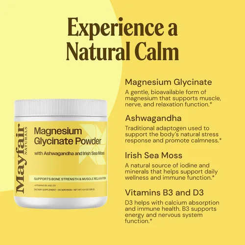 Vista 5 de Suplemento en polvo de glicinato de magnesio, con Ashwagandha y musgo marino irlandés, apoya la fuerza ósea y la relajación muscular, 30 porciones