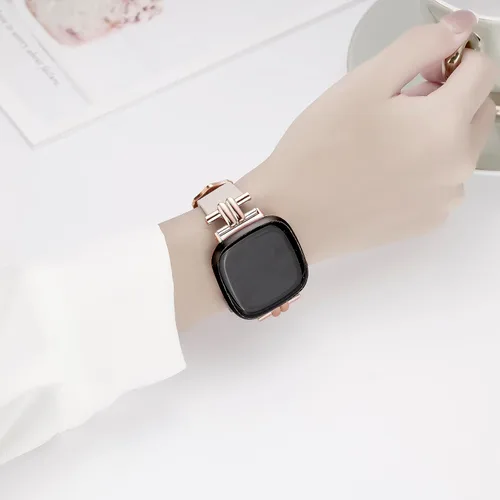 Vista 5 de Correa de cuero compatible con Fitbit Versa 4/Sense 2 bandas para mujer, elegante correa de cuero delgada compatible con Fitbit Sense/Versa 3 lujosa