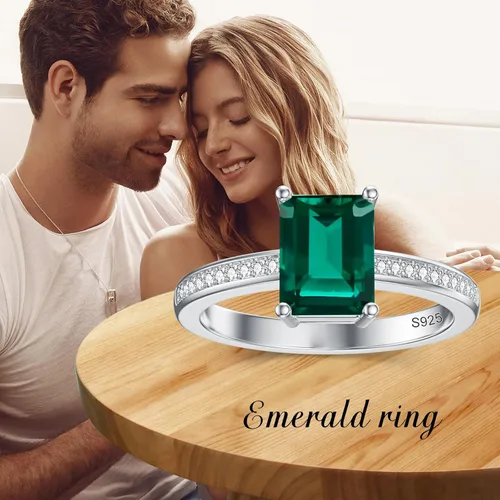Vista 7 de Gnteey Anillos de plata de ley 925 de 0.315 x 0.236 in, con piedra natal de corte esmeralda, anillo de compromiso para mujer