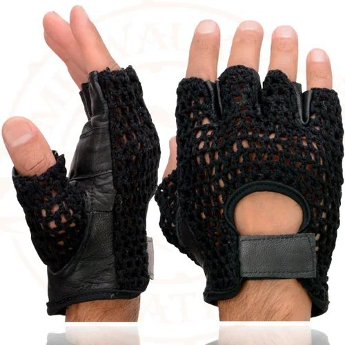 Vista 2 de Milwaukee Leather SH219 Men’s Black Leather and Mesh Fingerless Gloves with Padded Palm Negro