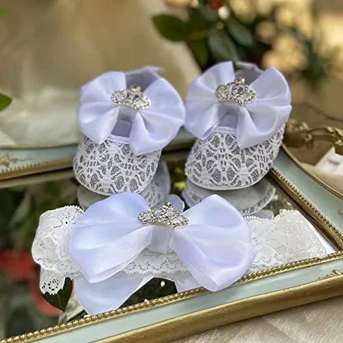 Vista 3 de Zapatos de bebé hechos a mano con diamantes brillantes con diadema, zapatos de cristal para recién nacidos, zapatos de perlas, zapatos