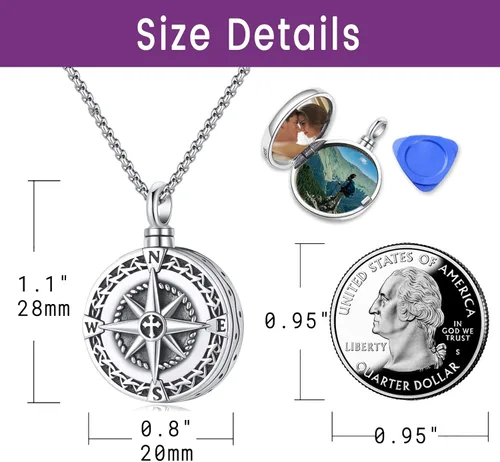 Vista 2 de Collar de Brújula para Hombres y Mujeres de Plata de Ley 925 con Colgante de Urna para Cenizas, Colgante de Medallón con Foto, Collar de Ancla