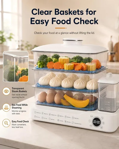 Vista 5 de Vaporizador eléctrico de alimentos de 24 litros, vaporizador digital de 3 niveles con inicio de retraso de 24 horas, mantiene el calor, tanque