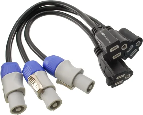 Vista 4 de CablesOnline, accesorio de iluminación de escenario de 16 AWG gris y azul conector de salida a cable adaptador de corriente hembra NEMA 5-15R de 3