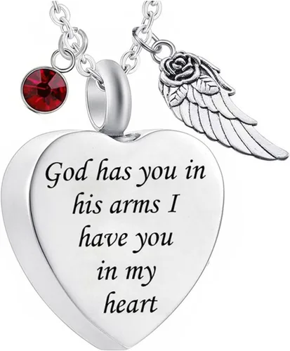 Vista 20 de Dios te tiene en sus brazos con dije de ala de ángel para cenizas de cremación, collar de urna conmemorativa con cristal de piedra natal Abril