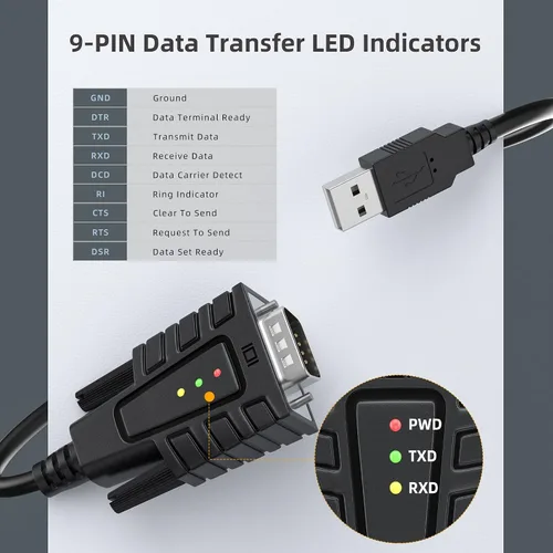 Vista 5 de DriverGenius Cable adaptador USB a serie RS232 DB9 con 3 ledes - Prolific PL2303 - para Windows 11 y macOS 14 Sonoma (USB232A-B, 3 pies/3.3 ft)