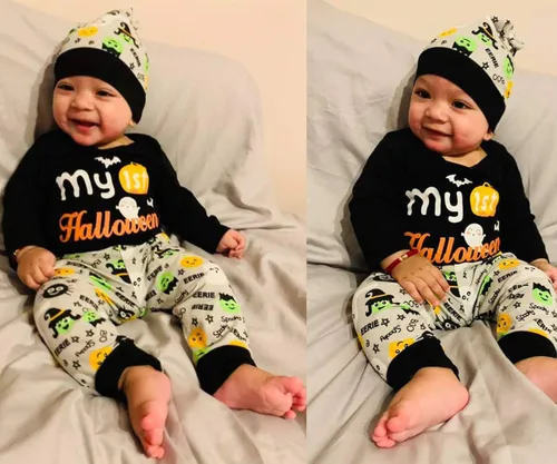 Vista 3 de PROMOTED TO BIG SISTER My First Halloween Baby Boy Outfit Set Pumpkin Romper Ghost Print Pants with Hat
