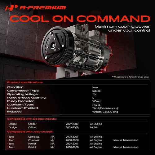 Vista 2 de A-Premium Compresor de aire acondicionado de CA con embrague compatible con Jeep Compass 2007-2008, Patriot 2007-2008 y Dodge Caliber 2007-2009