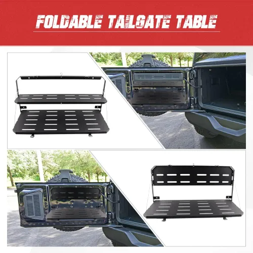 Vista 5 de Mesa plegable para puerta trasera de Ford Bronco, mesa plegable de acero para puerta batiente, estante de carga negro compatible con Ford Bronco