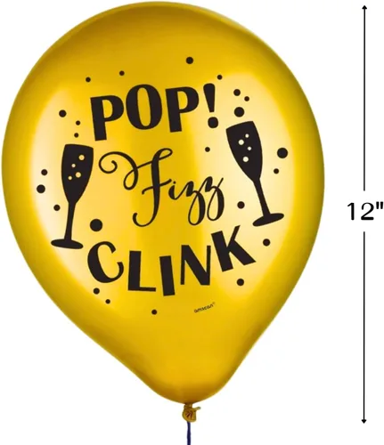 Vista 2 de Impresionantes globos de látex impresos con texto en inglés "Happy New Year", color negro, plateado y dorado, 12 pulgadas (paquete de 15), calidad