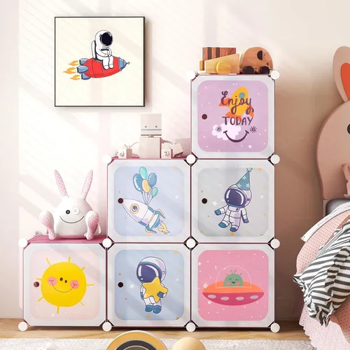 Vista 8 de INFANS Armario para niños, armario portátil para bebé, lindo para dormitorio de niños, armario de guardería con puertas, 12 cubos, 2 secciones