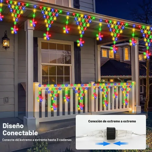 Vista 2 de Luces de Navidad para exteriores, 218 luces LED de cortina de Navidad de 13.8 pies, decoraciones de balcón al aire libre con 12 gotas de estrellas