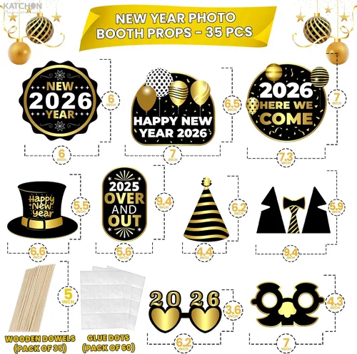 Vista 3 de KatchOn, Accesorios para cabina de fotos de Nochevieja 2024 – Paquete de 35 Accesorios de cabina de fotos de Año Nuevo dorado y negro