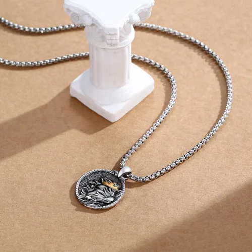 Vista 2 de XIXLES LionTiger Head Necklace 925 Sterling Silver Gold Plated Embossed Shiny 3D Animal Head Pendant, Charm TigerLion Medal Jewelry Gift for Men